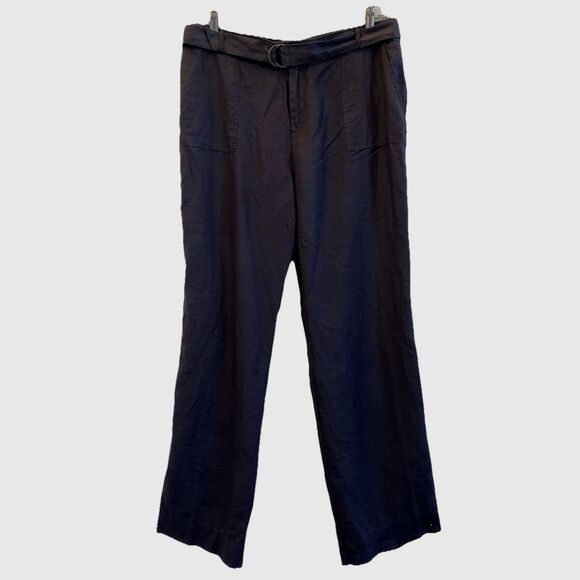 TAHARI size 14 100% Linen Wide Leg Dress Pants Taupe-Gray Belt Flowy - Picture 1 of 8